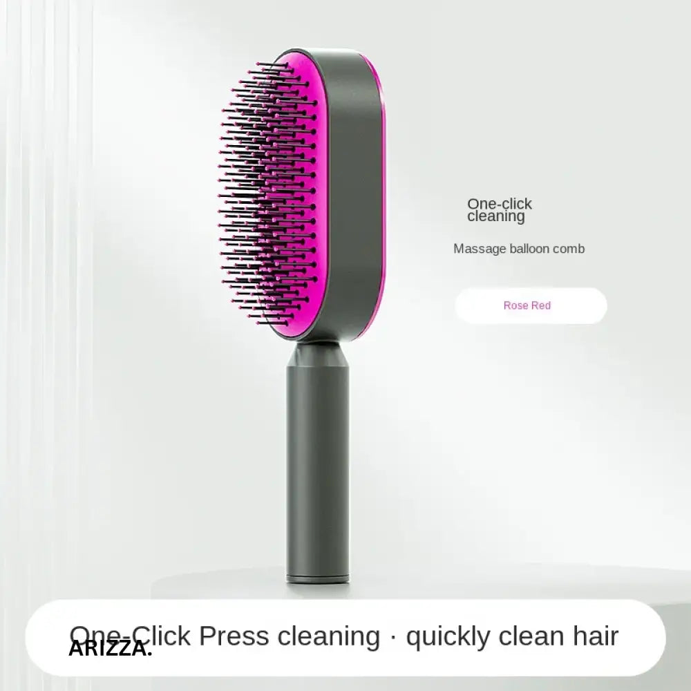 Women Hair Styling Self-Cleaning Hairbrush RoseRed